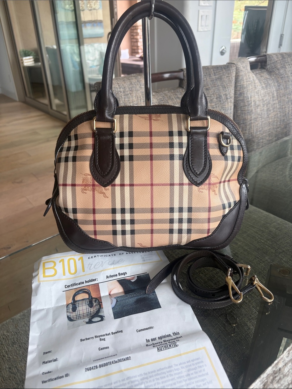 Burberry Beige Plaid Satchel/ crossbody strap with Dark Brown Leather Trim. COA